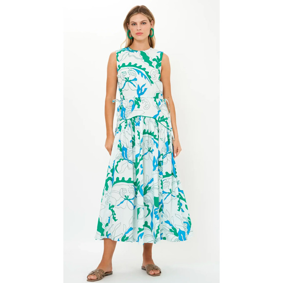 Oliphant Floral Midi Dress Sleeveless Piped Resort XS Blue Green Cotton NWT - Picture 2 of 7